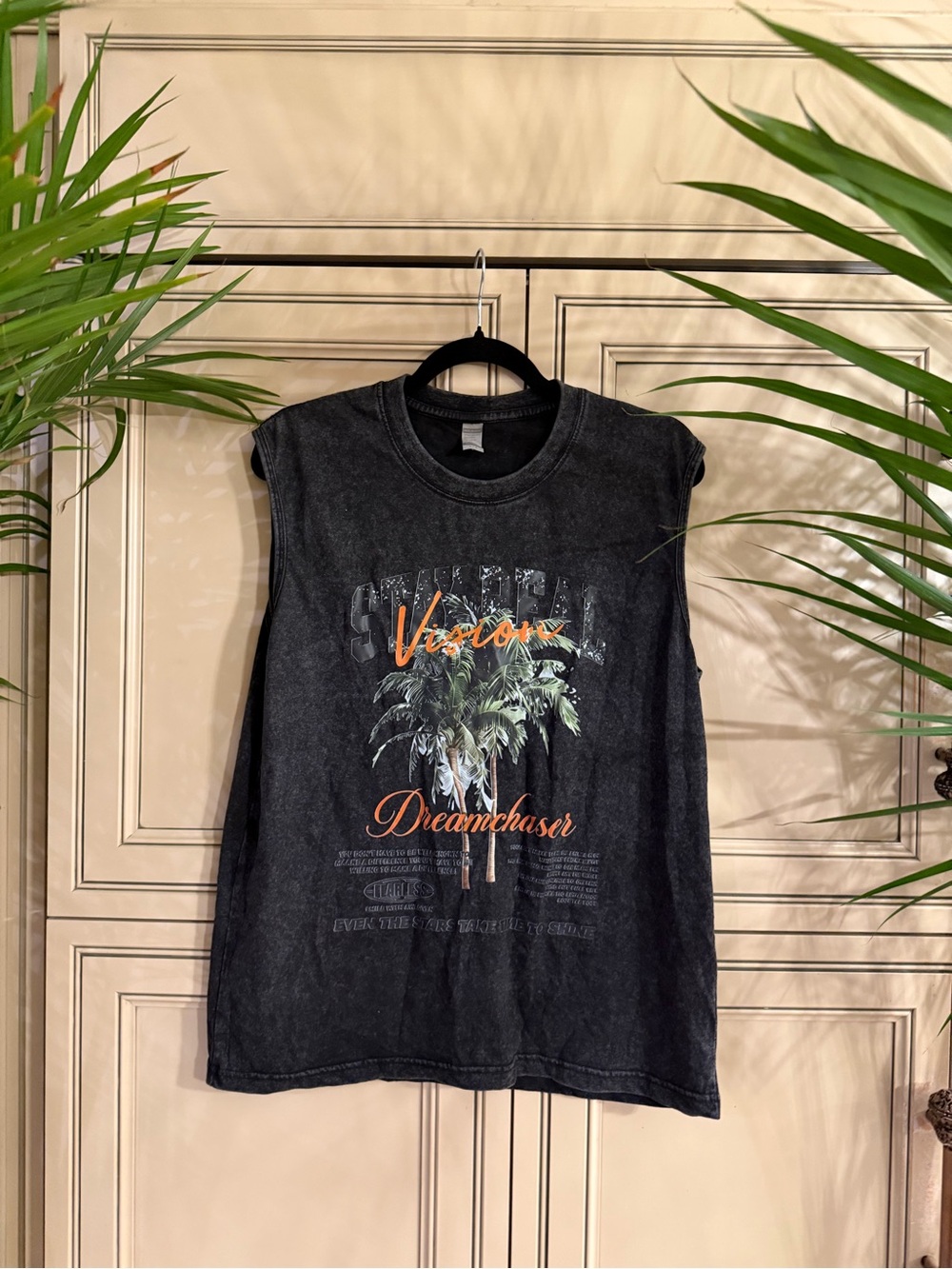 Acid Washed STAY REAL Black Palm Graphic Muscle Tank Top Tee Shirt Dreamchaser S